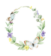 Wildflowers and Butterflies Watercolor vector wreath isolated on white background.