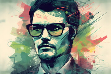 Image of man wearing glasses and suit with colorful paint splatters. Generative AI.