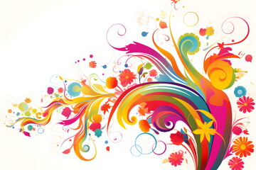 Fototapeta na wymiar Colorful abstract background with flowers and swirls on white background with space for text. Generative AI.