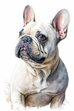 Cream colored French Bulldog dog watercolor painting. Generative AI illustration