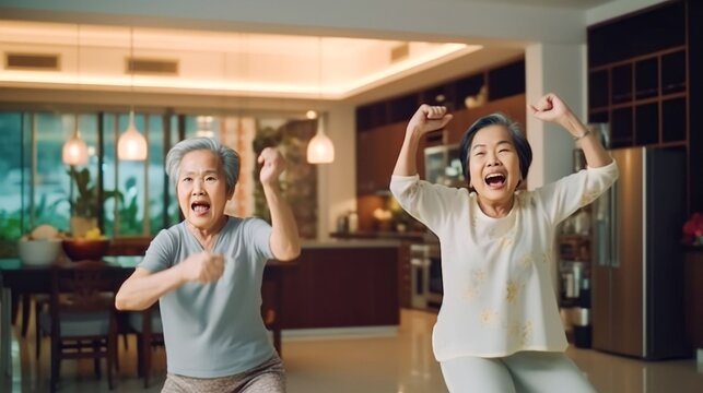 Asian chinese senior woman friends enjoying home workout in apartment living room, Generative AI