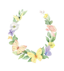 Wildflowers and Butterflies Watercolor vector wreath isolated on white background.