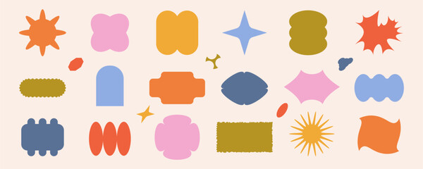 Vector set of retro cartoon stickers, patches, emblems in trendy y2k style. Modern futuristic design elements for social media, label, badge. Abstract cute comic banner background