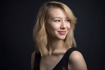 Naklejka premium A smiling beautiful young blond American European woman posing in a black top and black cloth on a black background.