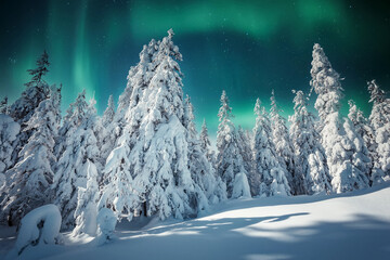 Aurora borealis over the frosty forest. Green northern lights above mountains. Night nature landscape with polar lights. Night winter landscape with aurora. Creative image. winter holiday concept. - 600713810