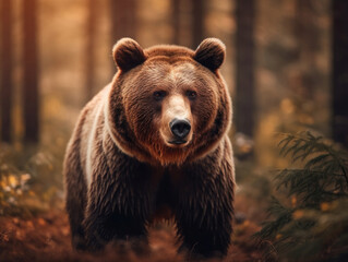 Fototapeta premium Brown bear walking slowly through the forest.