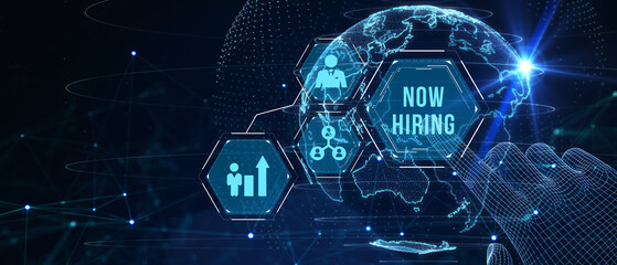 Business, Technology, Internet and network concept. NOW HIRING inscription, modern technology business concept. 3d illustration