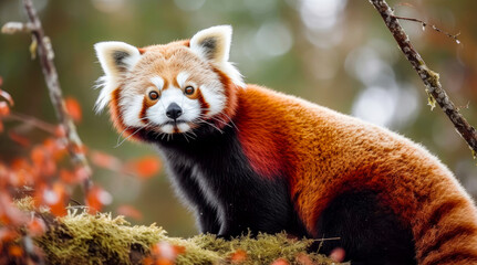 Red panda close up in the wild, endangered.