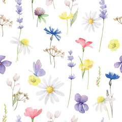 Wildflowers and Butterflies Watercolor vector seamless pattern.