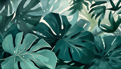 Design featuring leaf illustrations, nature-inspired elements, and tropical plants brings a touch of summer to any project, showcasing modern botanical aesthetics. Drawing monstera palm. Generative AI