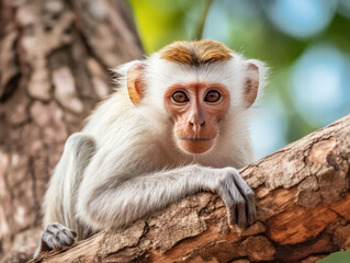 White-brown monkey in the jungle of Brazil close-up.