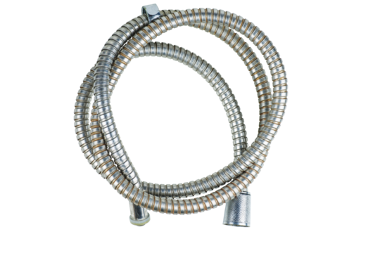 Old damaged shower hose isolated on a white background.Top view