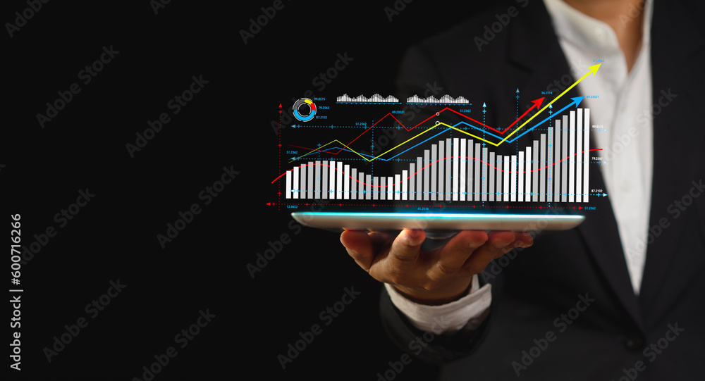 Poster the growth of a business is displayed as a virtual graph on a tablet screen