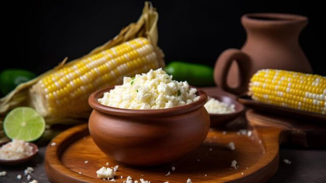 esquite corn mixed with creamy mayonesai, in a in a cup on a yellow background, generativ ai