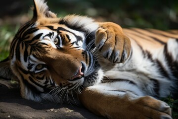 Obraz premium Tiger licking paw zoo. Generate Ai