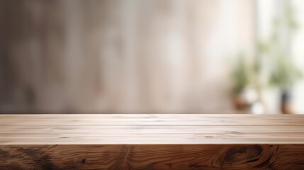Wooden table against the backdrop of modern interior. Photorealistic illustration generative AI.