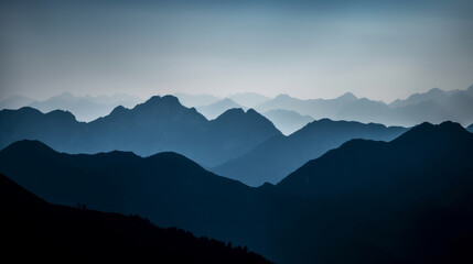 Fototapeta premium Mountain landscape features a stunning silhouette against the sky, with hills, clouds, and nature coming together. Breathtaking outdoor panorama. Calming wallpaper for hiker, traveler. Generative AI