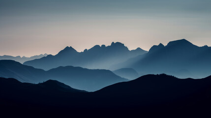 Mountain landscape features a stunning silhouette against the sky, with hills, clouds, and nature coming together. Breathtaking outdoor panorama. Calming wallpaper for hiker, traveler. Generative AI