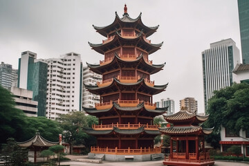 Fototapeta premium Chinese bell tower and city landmark building generative ai