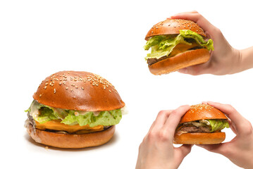 Hamburger in woman hands isolated on a white background.