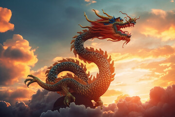 Fototapeta premium Chinese mythical dragon at flight and evening cloudy sky background generative ai
