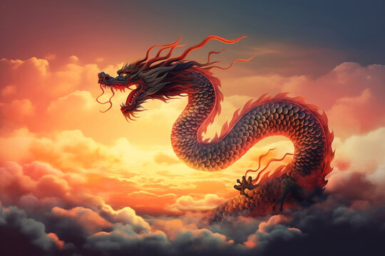 Chinese mythical dragon at flight and evening cloudy sky background generative ai
