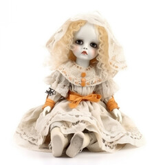 Spooky little haunted porcelain doll in a white dress. Perfect for Halloween scares. Isolated on a white background. Created with Generative AI.