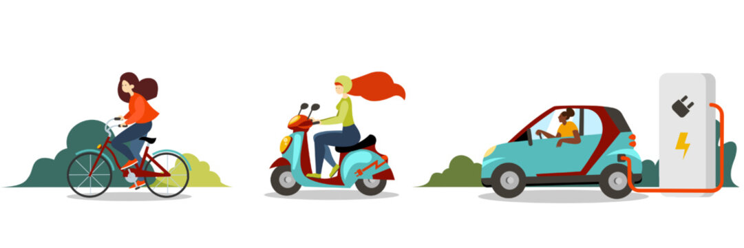 Illustrations set of cartoon girls riding bicycle, motorcycle and electric car