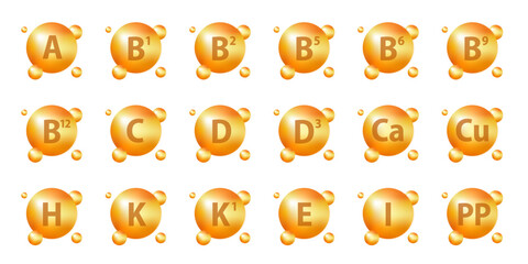 Set of Multi Vitamin complex icons. Multivitamin supplement. A, B group B1, B2, B3, B5, B6, B9, B12, C, D, D3, E, K, H, K1, PP. Essential vitamin complex. Healthy life concept. Vector illustration