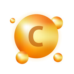 Vitamin C gold pill icon. Vitamin shining pill capsule icon. Golden drop of substance. Medicine advertising. Beauty treatment nutrition skin care design. Beauty and health concept. Vector illustration