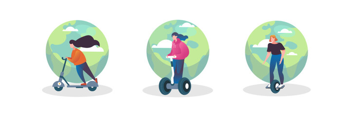 Two wheeled and single wheeled eco transport vector set
