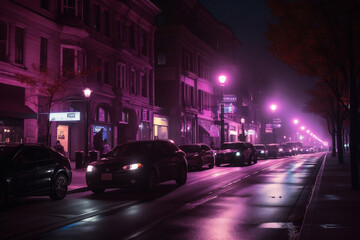 Fototapeta na wymiar City street with cars and glowing purple night lights generative ai