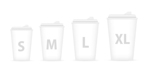Coffee to go. Coffee cups different size set - s, m, l, xl. Paper takeaway coffee cups, isolated on white background. Vector illustration