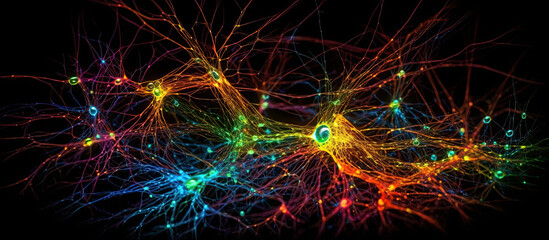 Fototapeta na wymiar Neural cells with a light pulse on a dark background. Generative AI Illustration. Panoramic, horizontal background.