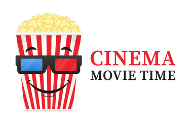 3d realistic glasses, pop corn bucket container with glasses for watching movies in plastic cartoon style. Cinema design in flat style. Smile. Movie time. Cinema poster. Vector illustration