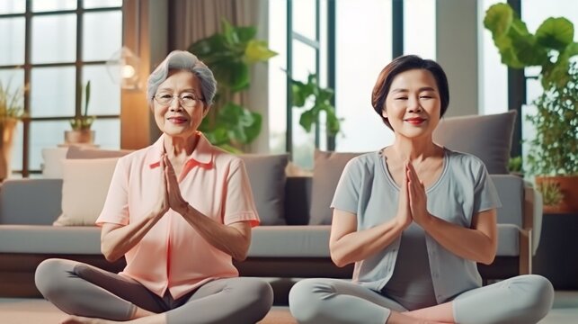 Asian chinese senior woman friends enjoying home workout in apartment living room, Generative AI
