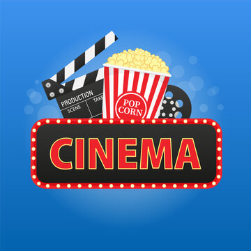 Online viewing of feature films. Composition with popcorn, clapperboard, 3d glasses and film strip. Retro cinema, cinema, movie watching concept. Movie time. Vector illustration