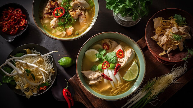Generative AI image of Soto Ayam, a popular Indonesian chicken soup dish that is typically served with vermicelli noodles, bean sprouts, hard-boiled eggs, and a variety of herbs and spices