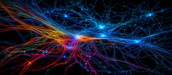 Illustration of neural cells with a light pulse on a dark background. Generative AI. Panoramic, horizontal background.