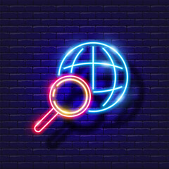 Information search for global education, icon. Neon glowing vector illustration.