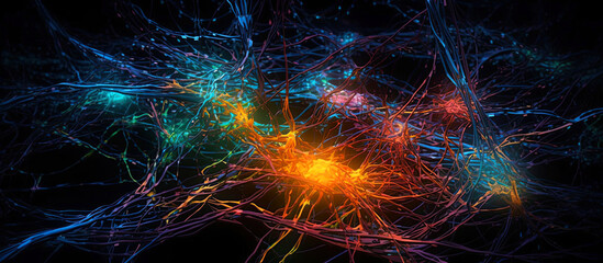 Generative AI Illustration of neural cells with a light pulse on a dark background. Panoramic, horizontal background.