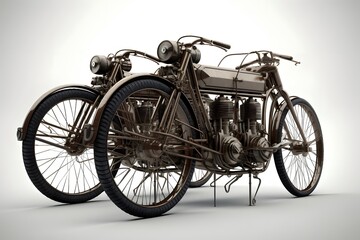 Fototapeta na wymiar Illustration of a 19th century motorized triplet bike on a white background. , .highly detailed, cinematic shot photo taken by sony incredibly detailed, sharpen details highly realistic prof