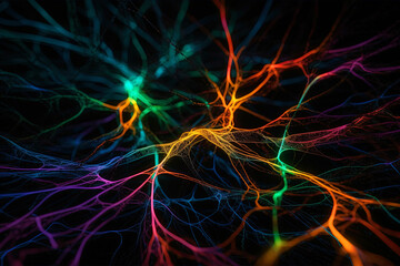 Neural cells with a light pulse on a dark background. Generative AI Illustration.