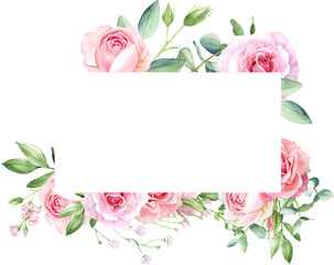 Watercolor flowers pink roses, Illustration hand painted. Floral frame PNG on transparent background. Perfectly for greeting card design.