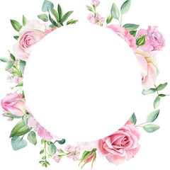 Watercolor flowers pink roses, Illustration hand painted. Floral frame PNG on transparent background. Perfectly for greeting card design.