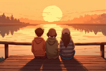 Children sit on bridge by lake against backdrop of beautiful sunset.