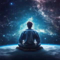 A man sits in a pose of meditation against the backdrop of space. AI generative.