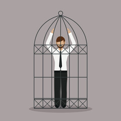 depressed business man stand inside a cage