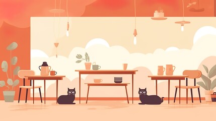 Cat cafe themed background with empty copy space for text, Generative AI