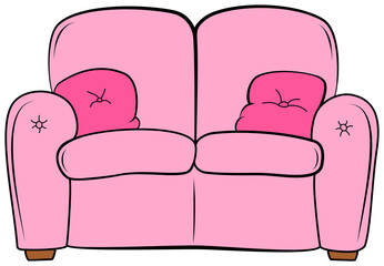 Cartoon couch with pillow. Pink sofa with cushion clipart.